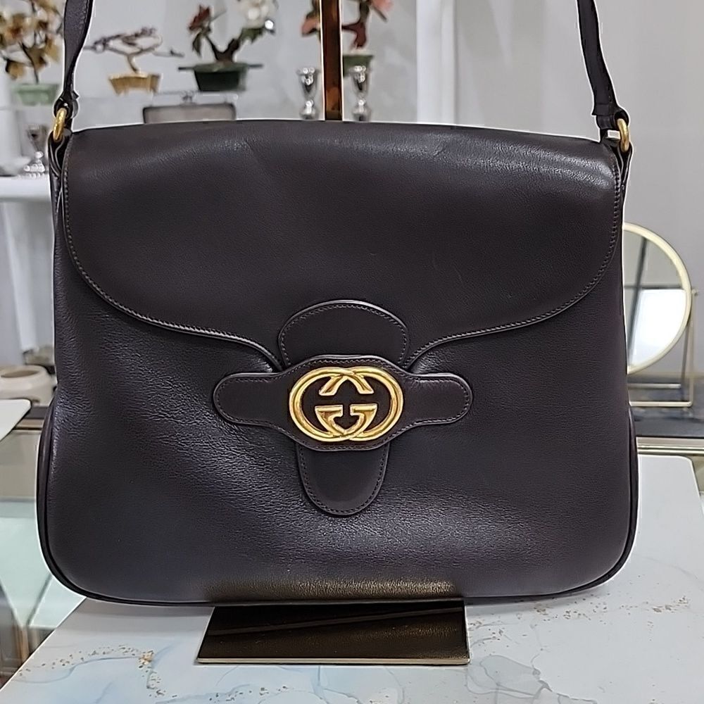 Authentic Gucci Black GG Calfskin Medium Dahlia Messenger Shoulder bag Purse